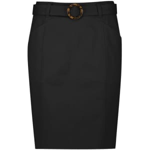 A black women's mid-waist stretch chino skirt featuring a belt with a circular buckle design.
