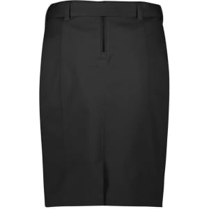 A black mid waist stretch chino skirt with a zipper closure and a streamlined design. Features a logo on the waistband.