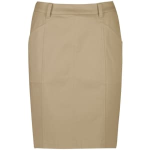 A mid-waist stretch chino skirt in a light tan colour, featuring a tailored fit and pockets.