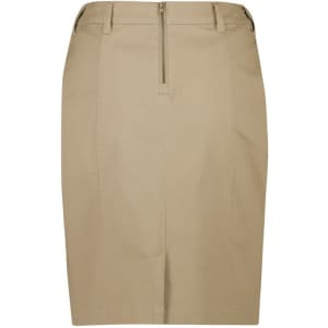 A beige mid-waist stretch chino skirt with a zip closure and belt loops, featuring a simple design and a logo.