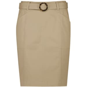 A mid waist stretch chino skirt in a light tan colour featuring a decorative belt with a circular buckle.