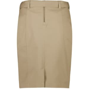 A women's mid waist stretch chino skirt in a light beige colour, featuring a front zip and pockets.