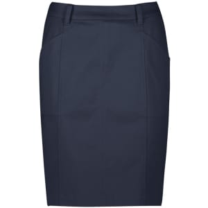 A women's mid-waist stretch chino skirt in navy blue, featuring pockets and a tailored design.