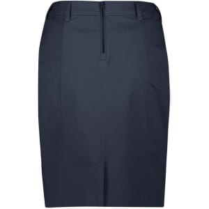 A dark navy mid waist stretch chino skirt with a back zipper and tailored design. Features a logo on the waistband.