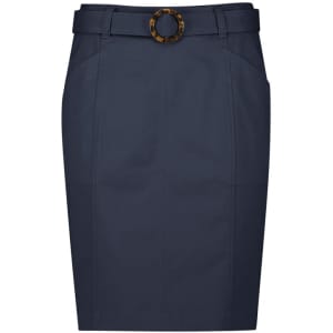 A mid-waist stretch chino skirt in navy blue with a belt featuring a circular buckle.
