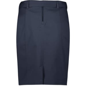 A navy mid-waist stretch chino skirt with a front zipper and a flat waistband.