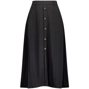 A women's black skirt featuring a button-down front and a flowing design. The garment has a logo.