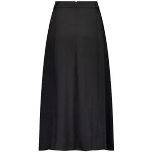 A black women's maxi skirt with a straight silhouette and back zipper detail. It features a smooth, sleek finish.