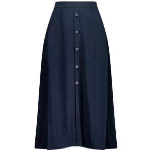 A navy women's skirt with a straight cut and a row of buttons down the front. It has a simple, elegant design.