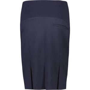 A navy maternity skirt with a smooth waistband and back pleats, featuring a single back pocket and a logo.