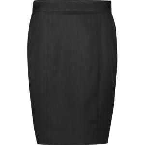 A black mid-waist pencil skirt with a sleek design and a fitted silhouette. Features a logo at the waistband.