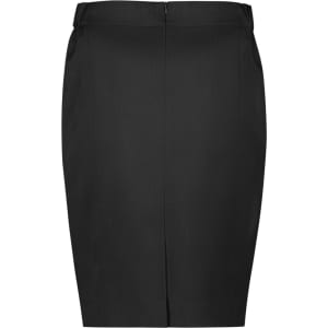 A black mid-waist pencil skirt featuring a sleek design and a back zipper. It has a logo tag.