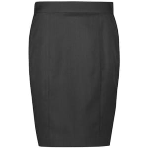 A black mid-waist pencil skirt, featuring a sleek design with no visible embellishments. It has a simple logo on the waistband.