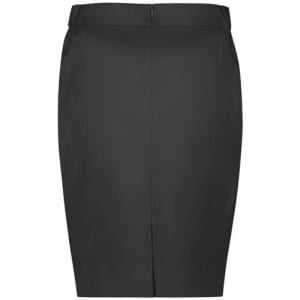 A black mid-waist pencil skirt with a sleek design and a back zipper, featuring a logo.