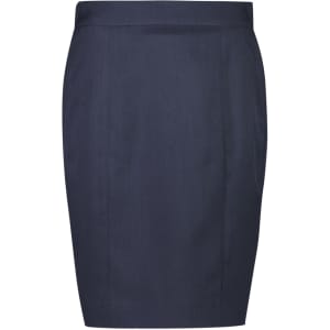 A navy blue mid-waist pencil skirt with a sleek design and minimal detailing. It features a waistband and a smooth silhouette.