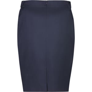 A mid-waist pencil skirt in navy blue with a fitted silhouette and a concealed zip at the back.