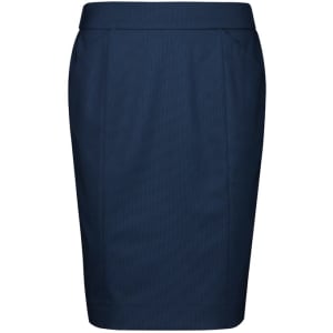 A navy pencil skirt with a tailored fit, featuring a sleek design and subtle pleats. It has a logo.