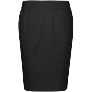 A black pencil skirt with a fitted design and pleat detailing, featuring an unlabelled logo.
