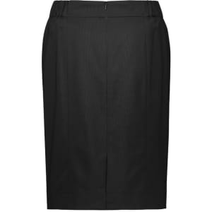 A black functional pencil skirt with a waistband and a back zip, featuring a tailored design.