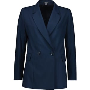 A navy blue double-breasted longline jacket with two front pockets and a sleek design. It features a branding logo.