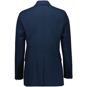 A navy blue women's longline double-breasted jacket with a smooth finish and buttoned sleeves.