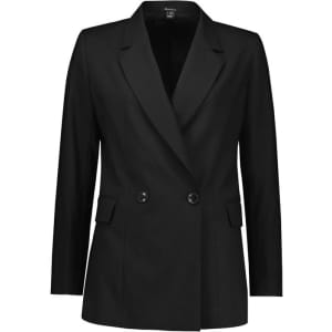 A black double-breasted longline jacket with a tailored fit and two front pockets.
