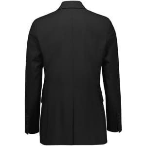 A black longline double-breasted jacket with a classic silhouette and buttoned cuffs. The back view shows a formal design.
