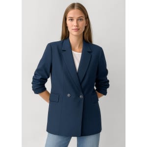 A women's navy double-breasted longline jacket with long sleeves and side pockets.