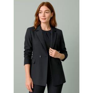 A women's black double-breasted longline jacket with a notched collar and fitted silhouette.