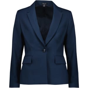 A women's mid-length blazer in navy blue with a single button and tailored design. It features two front pockets and has a logo.
