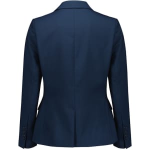 A navy women's mid-length jacket featuring a single button and tailored design, with a logo on the back.