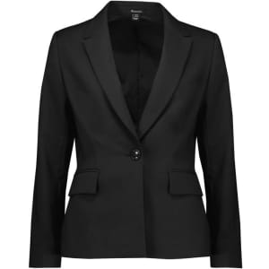 A black mid-length women's blazer with a single button, featuring two front pockets and a tailored fit.