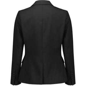 A black mid-length women's blazer with a single button and long sleeves, featuring a tailored fit and no visible branding.