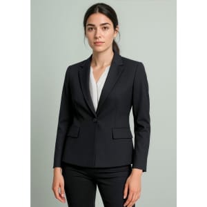 A navy single button mid-length women's blazer, featuring a fitted design and two front pockets.