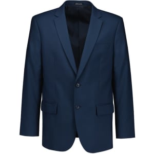 A navy blue men's jacket with a tailored fit, featuring two front pockets and a single-button closure.