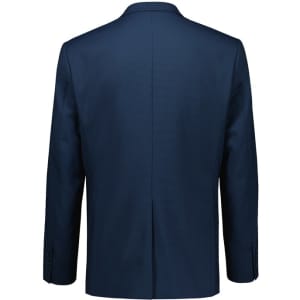 A navy blue men's jacket featuring a single vent and buttoned sleeves, with a simple logo on the back.