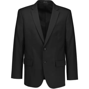 A black blazer jacket with a single-breasted design, featuring two front pockets and a sleek, modern cut.