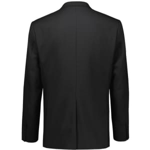 A black men's blazer with a sleek design, featuring a back vent and buttoned cuffs, has a logo on the back.