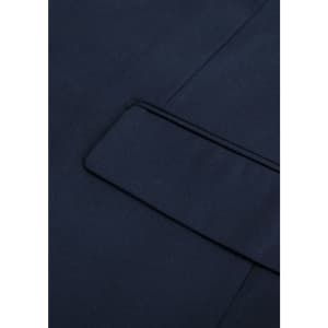A navy blue men's jacket with a smooth texture and a detailed lapel. Features a branding logo.