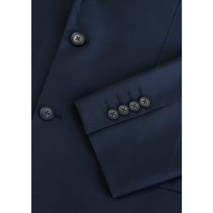 A navy blue jacket featuring a sleek design and buttoned cuffs, with a subtle logo present.