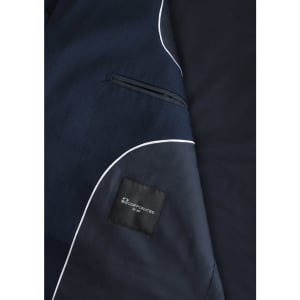 A navy blue men's jacket with white piping and a pocket design, featuring a branded label inside.