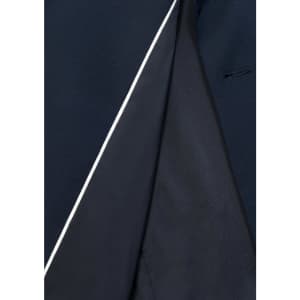 A navy blue jacket featuring a contrasting interior and a subtle white trim. It has a tailored fit.