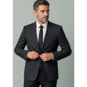 A fitted black suit jacket with a single button, paired with a white dress shirt and black tie, featuring a logo.