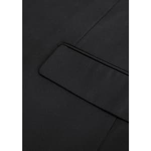 A black jacket featuring a sleek design with a subtle pocket detail and smooth fabric finish.