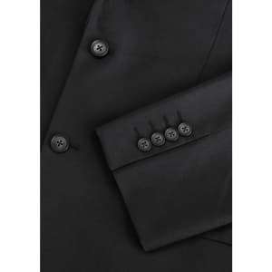A black men's jacket featuring a sleek design and button detailing on the sleeve. It includes a logo.