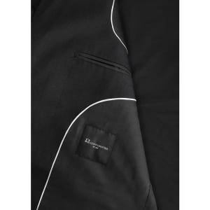 A black men's jacket featuring white piping details and a pocket with a logo.