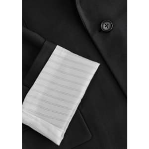 A black jacket featuring a white pinstriped sleeve cuff and a button detail, with a visible brand logo.