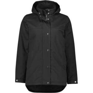 A black women's jacket with a hood and button closures. It features a logo on one side.
