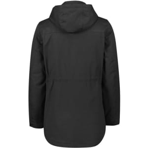 A black women's jacket featuring a hood and a loose fit, with a logo on the back.