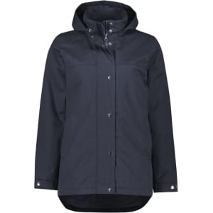 A women's Melbourne Comfort Jacket in navy, featuring a hood and front buttons, with a logo on the sleeve.